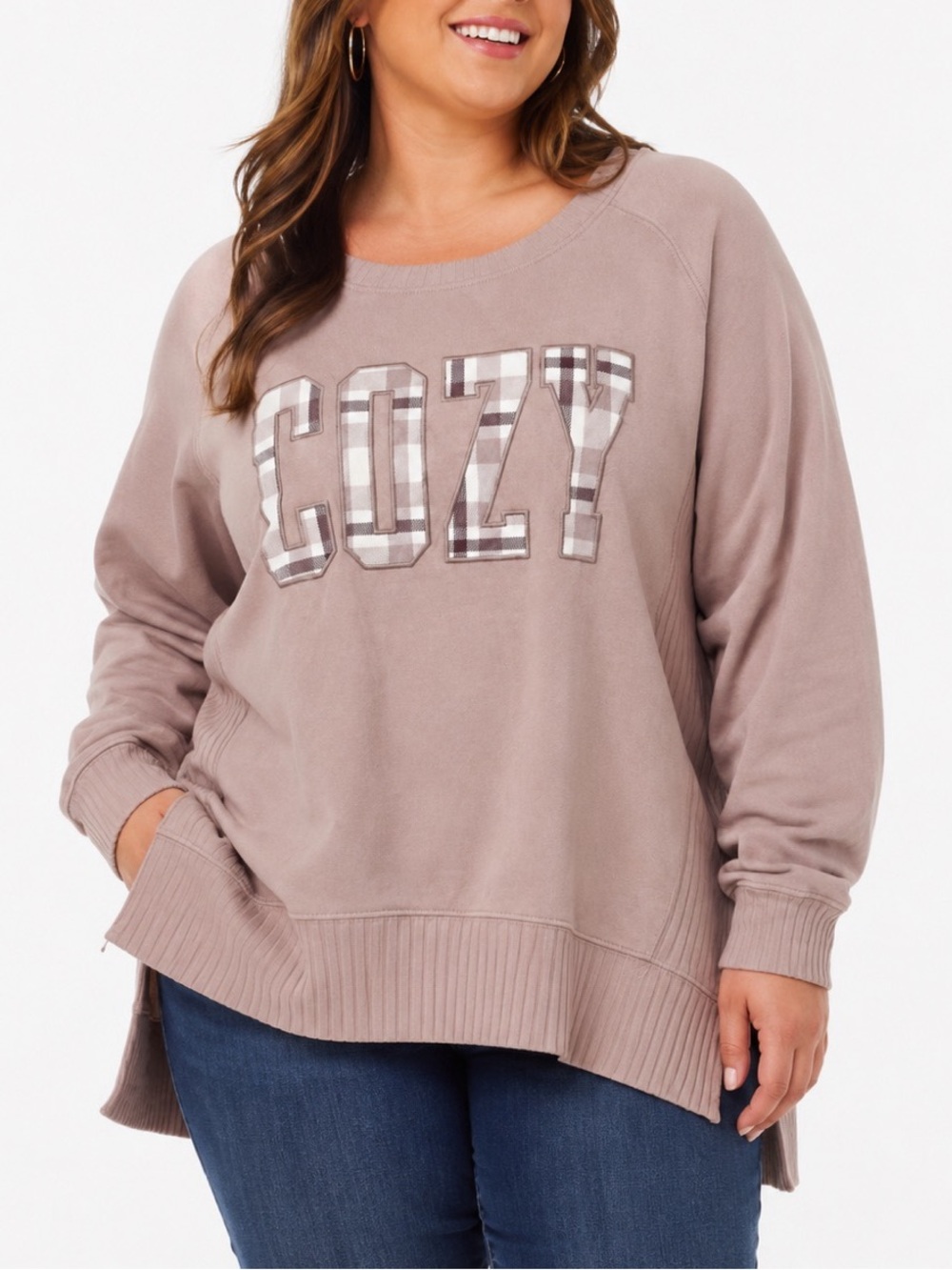 Maurice’s plus-size sweatshirt in a soft dusty mauve/taupe color, COZY letters